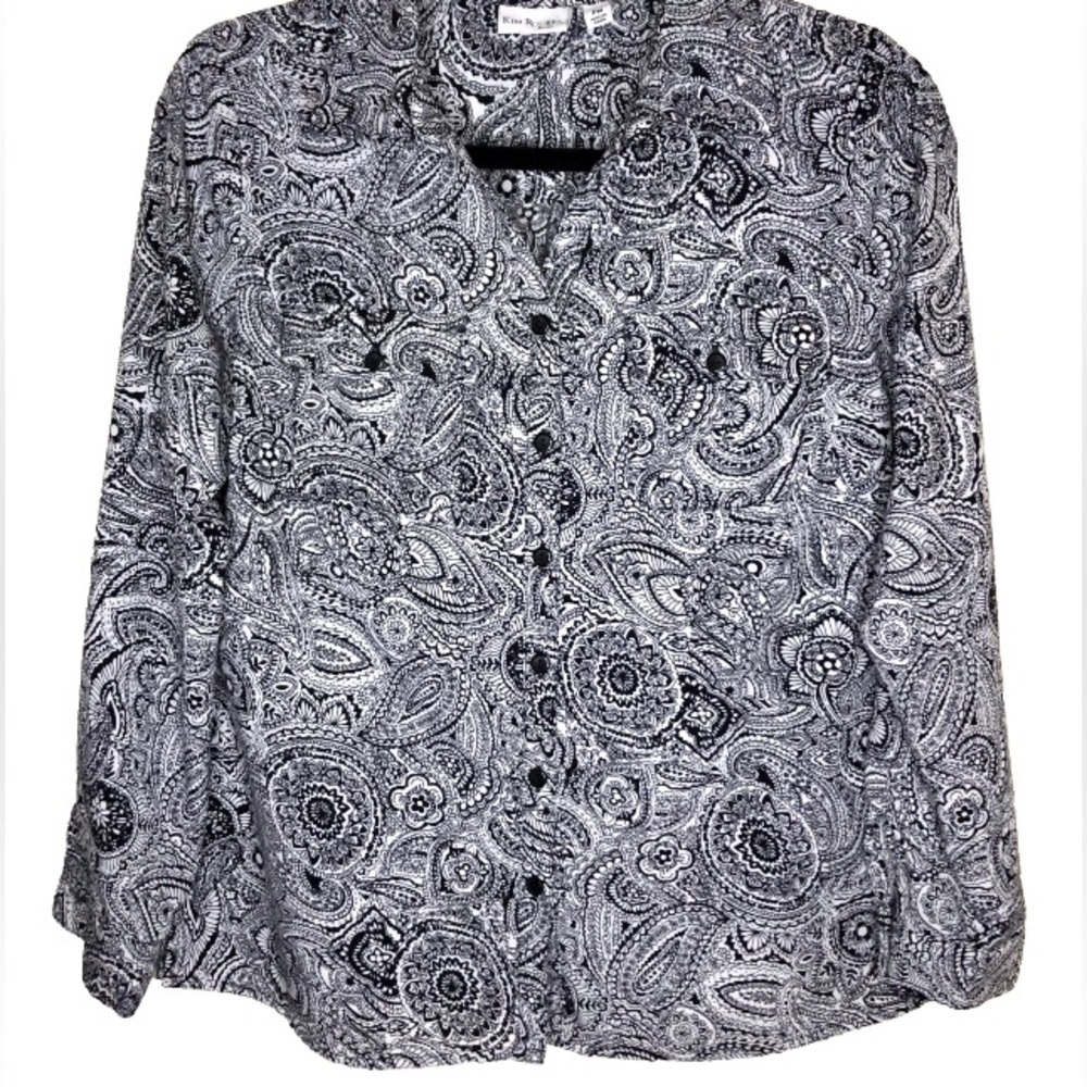 Kim Rogers Black & White Paisley Button-Front Blouse Pockets Roll Tab Sleeve